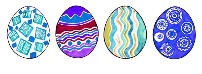 Set of Easter eggs filled with different ornaments in different colors. Isolated on white background. Watercolor drawing, black outline. Geometric ornament. Lines, rhombuses, zigzags, waves, circles.