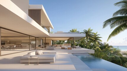 Fototapeta premium A modern luxury villa with an open terrace, pool, and tropical greenery, offering stunning ocean views and a relaxing ambiance.