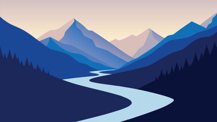 Beautiful river winds through a stunning mountain valley, with lush landscapes and towering mountains flat vector illustration