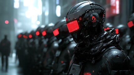 Fototapeta premium Cyberpunk City: A Legion of Advanced Robotic Soldiers Patrols the Urban Landscape