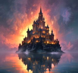 Illustration of glowing mystery tower castle in night.