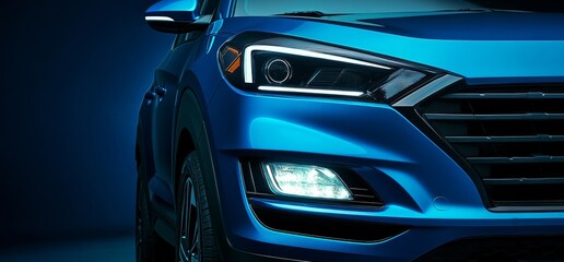 Close-up of a blue SUV's front, showcasing headlights and grill.