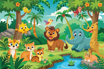 Naklejka premium Colorful animals play together in a lively jungle, surrounded by trees, plants, and a gently flowing stream, Jungle cartoon animals