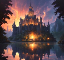 Obraz premium Illustration of glowing mystery tower castle in night.