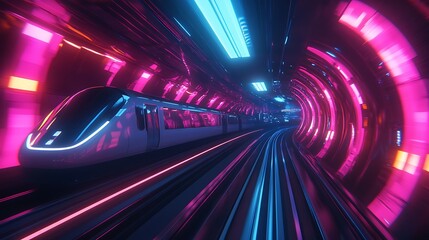 Futuristic High-Speed Train in Neon Tunnel
