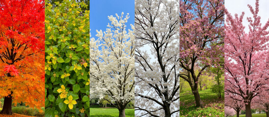 Seasonal collage with colorful autumn leaves, green summer foliage, white winter snow, pink spring blossoms, vibrant nature, changing seasons, beautiful scenery, different times of year