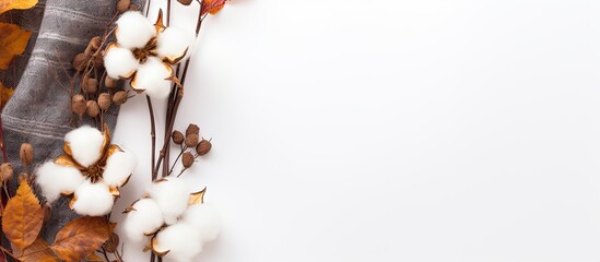 Autumn flat lay featuring cotton flowers and Spica ears on a white background with plaid fabric and colorful leaves arranged creatively in a corner