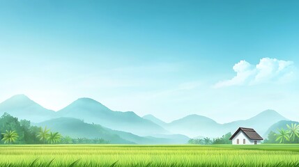 A beautiful rural scene showcasing traditional houses surrounded by lush rice fields under a bright blue sky, ideal for travel and nature themes.