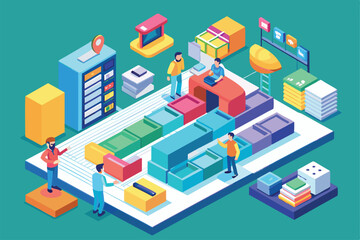 Fototapeta premium Isometric illustration of a customizable kanban board with team members organizing tasks together, Kanban method Customizable Isometric Illustration