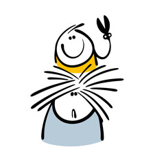 Shaggy-haired girl came to the salon to the hairstyle master and wants to become beautiful. Vector illustration of a hairdresser cutting long female hair with scissors in  salon. Isolated caricature.