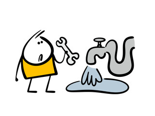 Inept craftsman holds a tool in his hand and looks in horror at a broken faucet in the bathroom. Vector illustration of a plumber who came to fix pipes. The flood in the house.  Isolated caricature.