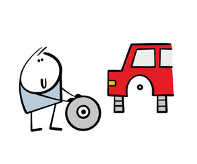Cartoon stickman in an auto repair shop rolls wheel, repairs car. Vector illustration of mechanic working with modern technology, changing car spare parts. Isolated caricature on white background.