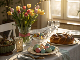 Naklejka premium Festive Easter table setting with eggs and tulips