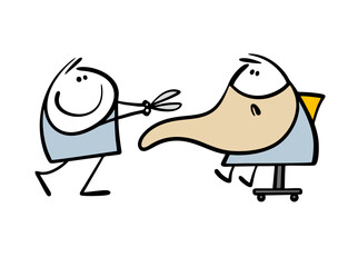 Scared hipster with  long beard sits in armchair in barbershop and looks at the master in horror. Vector illustration of hairdresser cutting client  hair. Isolated caricature on white background.