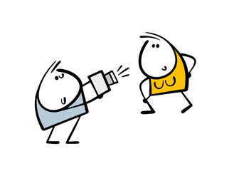 Famous photographer is photographing a model for a fashion magazine. Vector illustration of a woman posing in a beautiful dress. Isolated caricature on white background.