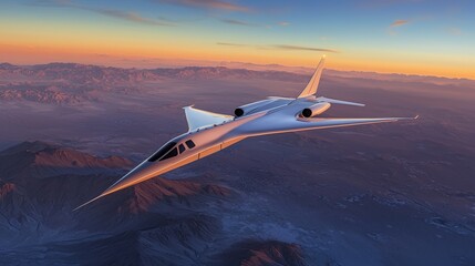 Naklejka premium Supersonic Jet Over Mountain Range at Sunset