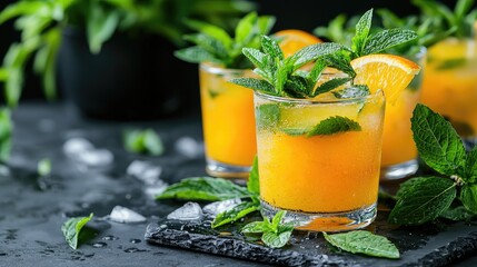 Refreshing orange mint cocktails on dark background, ideal for summer drinks menu
