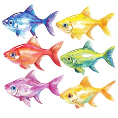 Naklejka premium Six Vibrant Watercolor Fish, Rainbow Colored Aquatic Life Illustration.