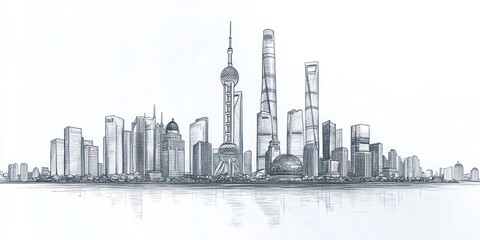 Fototapeta premium Shanghai Skyline Sketch Illustrating Modern Architecture