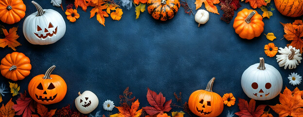 Halloween pumpkins autumn leaves dark blue background
