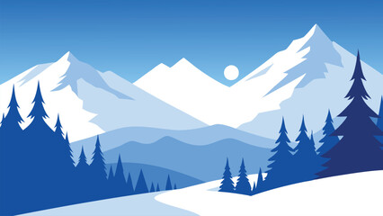 Forest scene featuring trees blanketed in fresh, white snow, creating a tranquil winter landscape flat vector illustration.