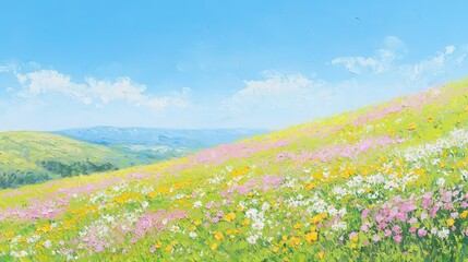 Obraz premium Vibrant Wildflower Meadow Under Clear Blue Sky in Springtime