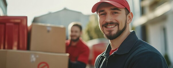 Male Movers Unloading The Cardboard Boxes Form Truck Generative AI