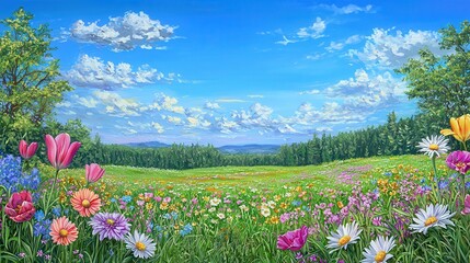 Obraz premium Vibrant Wildflower Meadow Under Blue Sky with Fluffy Clouds
