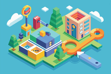 A vibrant isometric design with customizable structures, trees, and playful elements on a stylized landscape, Key Customizable Isometric Illustration