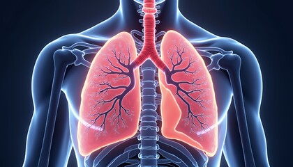 Detailed 3D Model of Human Lungs with Volumetric Lighting: High-Resolution Medical Illustration of Respiratory System Anatomy