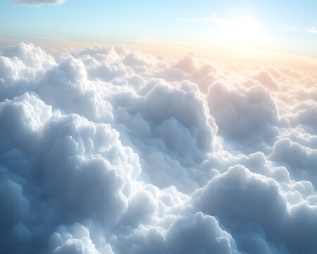 Aerial view of fluffy clouds at sunset.
