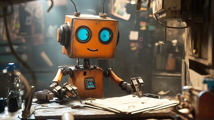Fototapeta premium Rusty's Workshop: A Charming Robot's Diligent Work