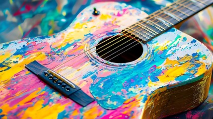 Vibrant Painted Acoustic Guitar with Abstract Artistic Design.