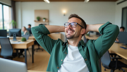 A relaxed man with glasses sitting at a desk in a modern office, leaning back with his hands behind his head. He has short hair and is wearing a green shirt over a white t-shirt. A laptop is open in f