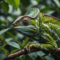 A chameleon perched on a branch, its vibrant green skin blending seamlessly with the surrounding foliage