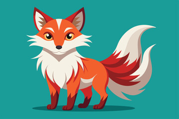 Obraz premium A colorful kitsune character with bushy fur and bright eyes stands against a solid turquoise background, Kitsune Customizable Flat Illustration
