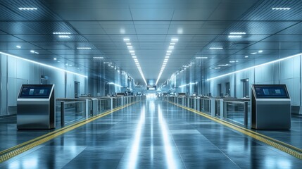 A high-tech security checkpoint with advanced scanning equipment and smooth-flowing lanes --ar 16:9 --stylize 250 --v 6.1 Job ID: c7ec1f69-8487-4d95-806a-acff2903817d