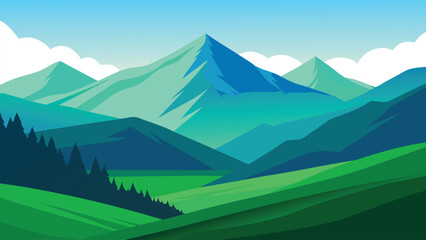 Valley adorned with vibrant green hills and a stunning mountain range rising in the distance flat vector illustration.