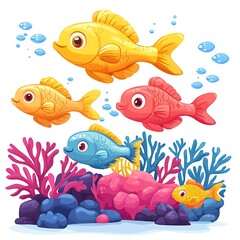 Fototapeta premium Colorful Cartoon Fish Swimming in Vibrant Coral Reef