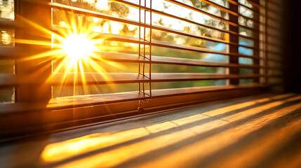 Sunset Rays Through Wooden Blinds: A Warm and Peaceful Home Interior