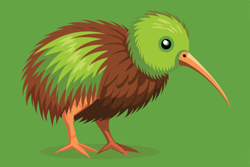 Obraz premium A vibrant kiwi bird depicted in semi-flat style, showcasing its unique features against a solid green background, Kiwi bird Customizable Semi Flat Illustration