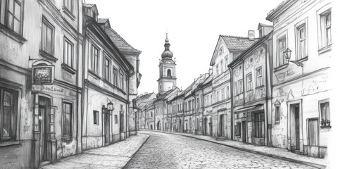 Obraz premium A Penciled Sketch Of A Cobblestone Street And Old Buildings
