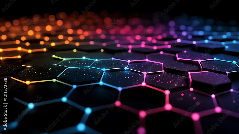 Wall mural a dark background with an abstract grid of glowing hexagon