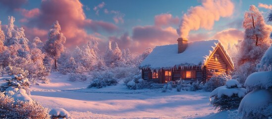 Snowy winter landscape featuring a cozy cottage with warm glowing windows and smoke rising from the chimney surrounded by snow-covered trees and soft pink clouds.