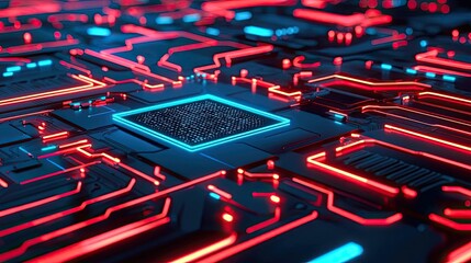 Automated feedback ai idea. Futuristic circuit board with glowing lines and a central processor displaying digital innovation.