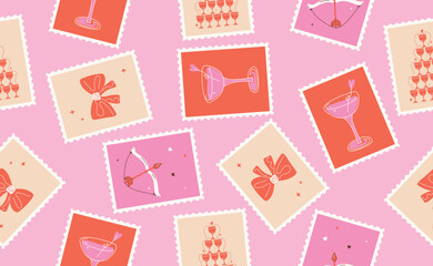Сute Valentine's day seamless pattern with postage stamps. Hand drawn groovy cartoon sticker elements. 14 February coquette with heart. Funky Saint Valentine design in flat style. Isolated vector