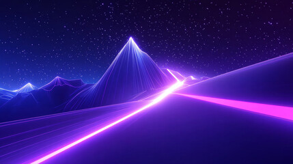 Neon mountains with glowing lines under starry sky