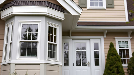 Elegant Home Exterior: Modern Architecture and Classic Design. Discover the beauty of this residential property with its stunning bay window and white facade.