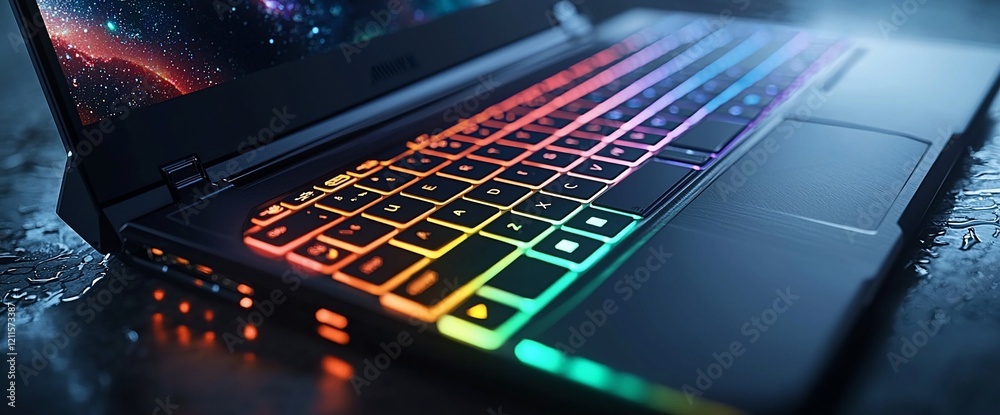 Poster close-up of a gaming laptop with rgb backlit keyboard.