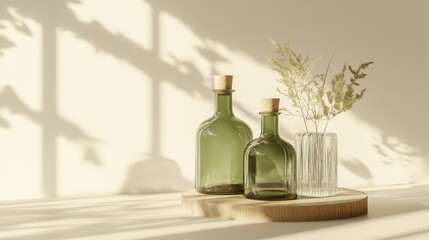 Two green glass bottles and dried flowers on a wooden stand in sunlight.